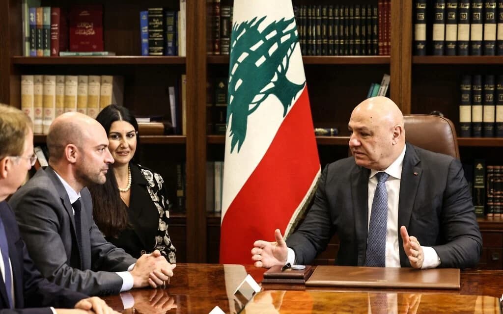 Lebanese President Joseph Aoun speaks with France's Foreign Minister Jean-Noel Barrot at the Presidential Palace in Baabda